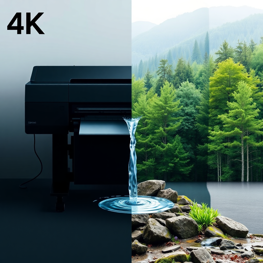 A split image showing a modern sublimation printer on one side and a lush green forest on the other. Connecting the two is a subtle stream of water flowing from the printer towards the forest, symbolizing sustainable practices. Soft, natural lighting. 4K resolution, stylized graphic.