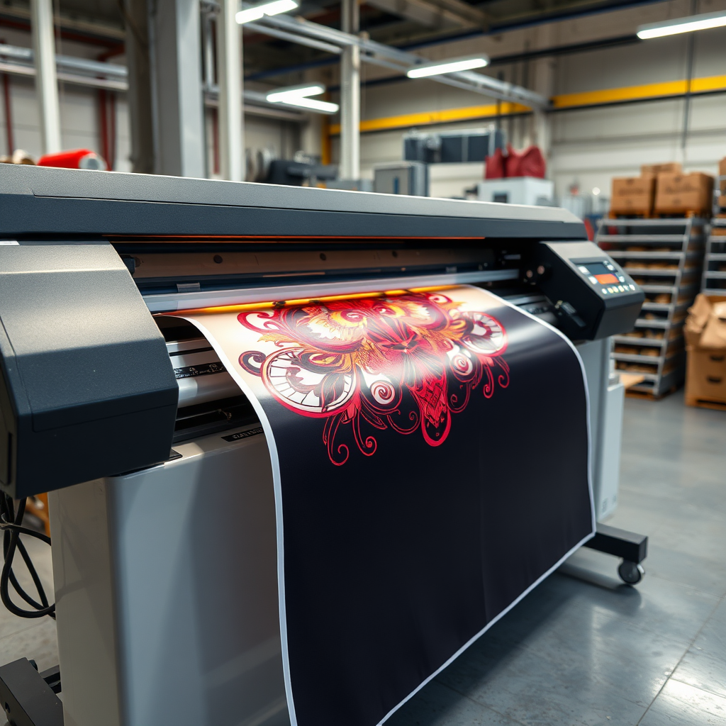  A state-of-the-art sublimation printer in action, printing a complex design onto a roll of fabric. The machine is clean and modern, with vibrant colors visible on the printed fabric. The background shows a well-organized production facility. Bright, industrial lighting. 4K resolution, photorealistic.