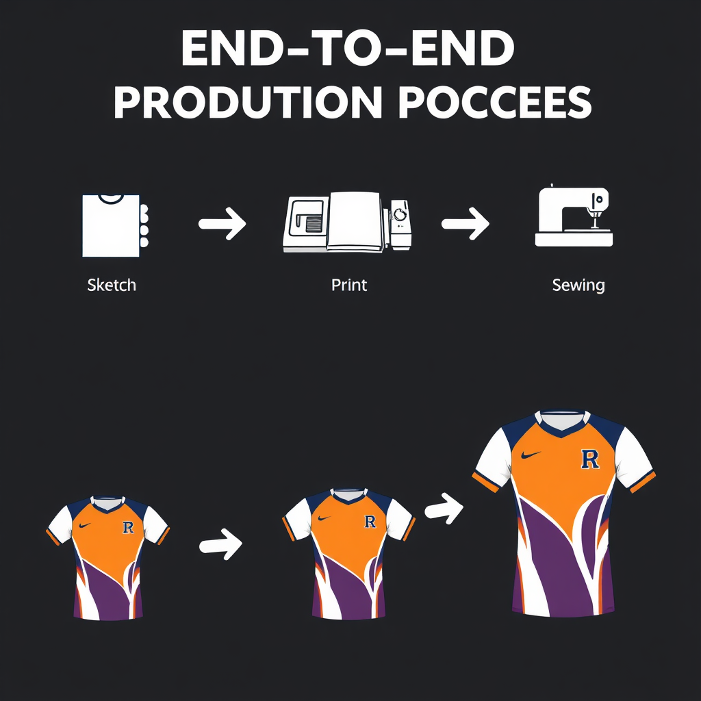A visual representation of the end-to-end production process. Starting with a design sketch, progressing through printing, cutting, sewing, and finishing with a fully sublimated jersey. Each stage is clearly defined and visually appealing. Clean, modern design. 4K resolution, stylized illustration.
