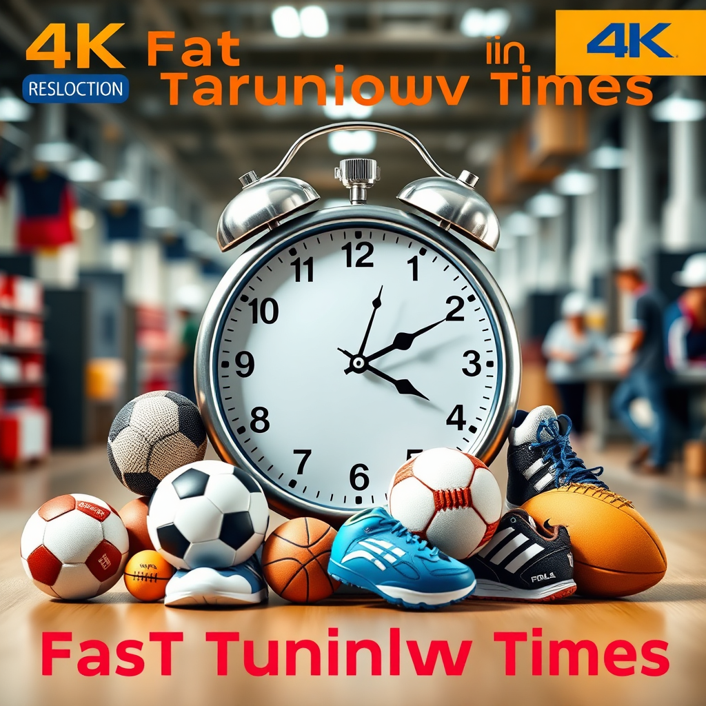 A visually compelling graphic showing a clock with sports equipment (balls, shoes) arranged around it. The clock hands are moving quickly, symbolizing fast turnaround times. The background is a blurred image of a busy production facility. Dynamic lighting. 4K resolution, stylized graphic.