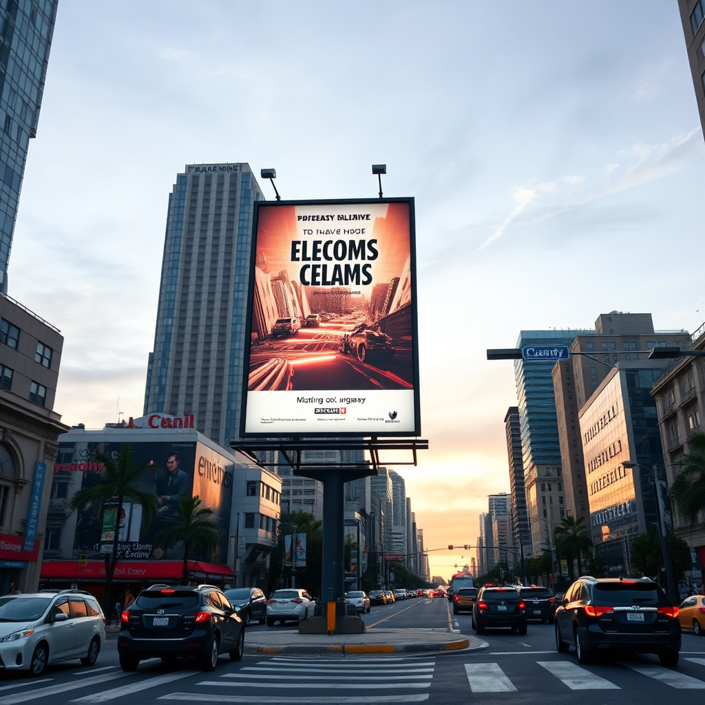 A wide shot of a billboard strategically placed in a high-traffic urban area, showcasing an eye-catching advertisement. The lighting is adjusted to make the billboard stand out against the cityscape.