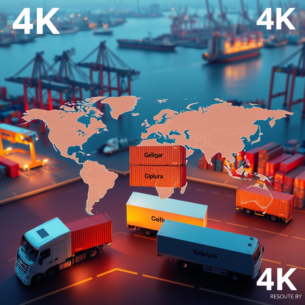 A world map highlighting key distribution points. Shipping containers with the company logo are visible, being loaded onto ships and trucks. The background is a busy port with cranes and cargo ships. Dynamic lighting. 4K resolution, stylized illustration.