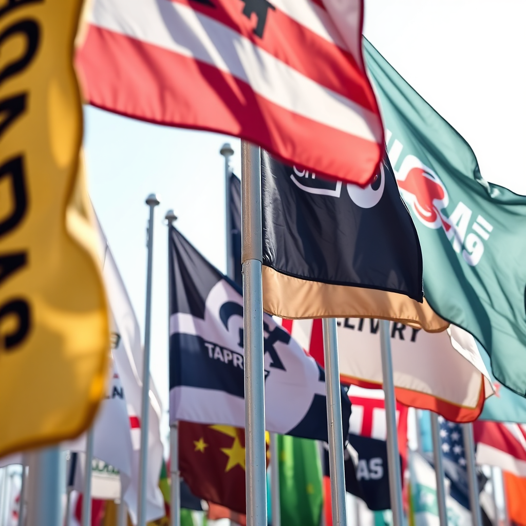Close-up shot of various custom-printed flags waving in the wind, showcasing different designs, sizes, and materials. The lighting emphasizes the vibrant colors and the flag's movement.