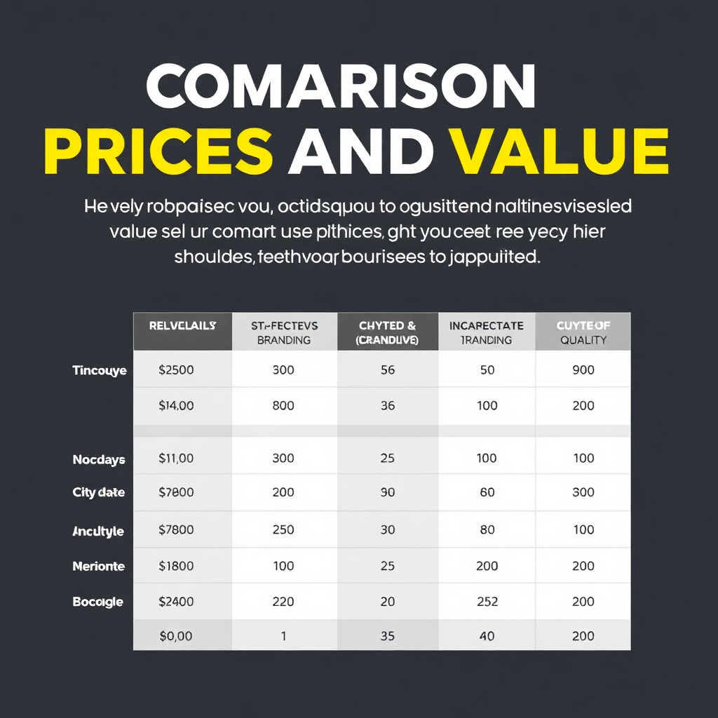 Create a clean and professional image showcasing a comparison of prices and value. The image should feature a table or chart comparing Skytech Branding's prices to competitors, highlighting the value and quality offered. The lighting should be neutral and informative.