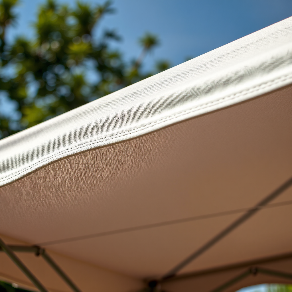 Create a close-up, photorealistic image showcasing the texture and quality of the materials used in a branded gazebo. Focus on the fabric, frame, and printing. The lighting should be sharp and clear, revealing the details of the materials. The composition should emphasize the durability and craftsmanship of the products.