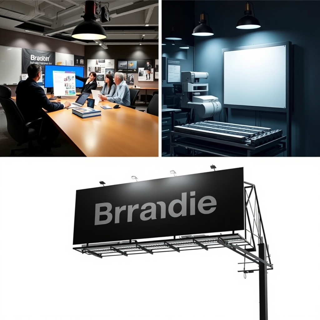 Create a composite image showing various stages of the branding process. One panel shows a design meeting, another shows the printing process, and a third shows the installation of a billboard. The lighting should be professional and consistent across all panels. The overall style should convey a sense of comprehensiveness and expertise.