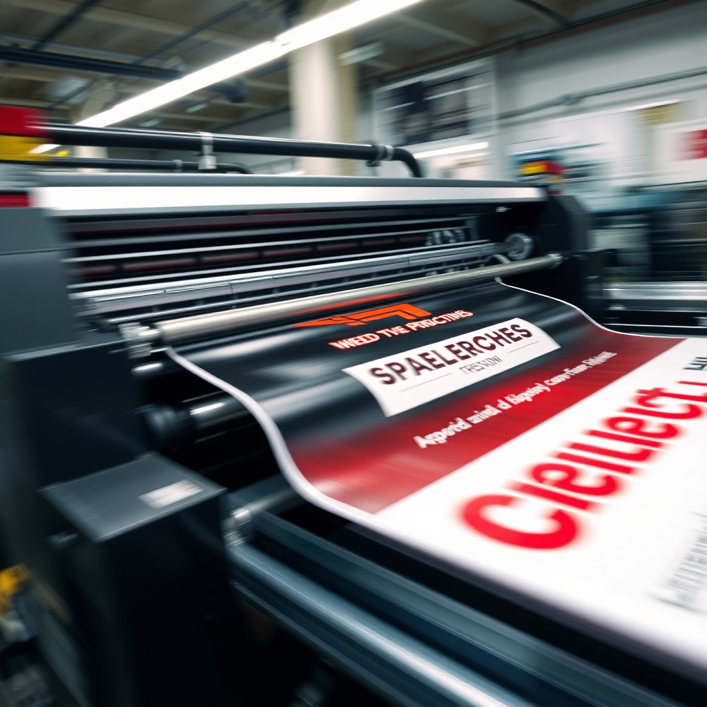 Create a dynamic image showcasing the speed and efficiency of the production process. The scene shows a printing press running at high speed, producing branded banners. The lighting should be bright and energetic. The composition should emphasize the speed and efficiency of the process.