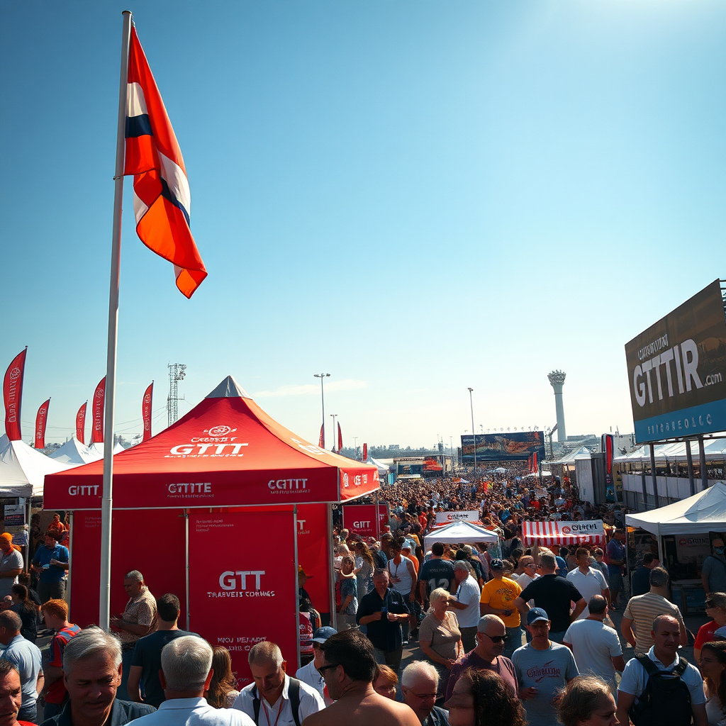 Create a photorealistic image of a bustling outdoor trade show or festival. The scene is filled with people, and in the foreground, a vibrant, branded gazebo stands out prominently. Flags are waving nearby, and a billboard is visible in the distance. The composition should emphasize the visual impact of the branded materials in a crowded environment. The lighting is bright and sunny. Capture the energy and excitement of the event, highlighting how the branded materials attract attention.