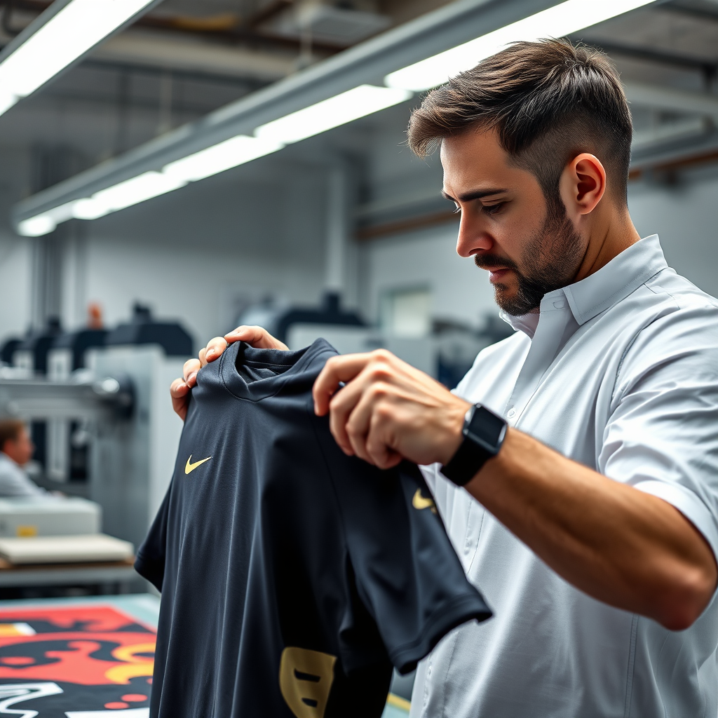 Create a photorealistic image for the 'About Us' section of 'Global Sublimation and Sportswear'. The image should feature a close-up of a skilled technician carefully inspecting a newly sublimated jersey, focusing on the precision of the print and the quality of the fabric. The background should be a clean, well-lit workshop with modern sublimation equipment. Lighting should be soft and focused, highlighting the details of the jersey and the technician's focused expression. The camera angle should be a medium shot, emphasizing the human element of the manufacturing process. Textures should be highly detailed, showcasing the fabric and print quality. The overall style should be professional and trustworthy, reflecting the company's commitment to quality. Aim for a 4K resolution, high-quality image.