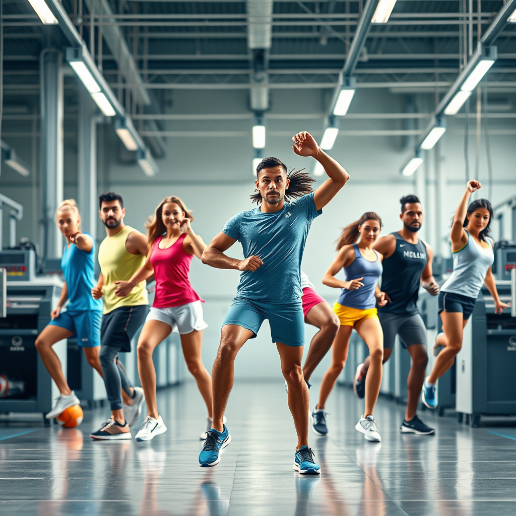 Create a photorealistic, ultra-high quality header image for 'Global Sublimation and Sportswear'. The scene should depict a diverse group of athletes (male and female, various sports) dynamically posed, wearing vibrantly colored sublimated sportswear. The backdrop should be a modern, stylized factory setting with sublimation printers and heat presses subtly visible in the background, suggesting high-tech manufacturing. Lighting should be bright and energetic, emphasizing the colors of the sportswear. The camera angle should be a wide shot, capturing the dynamism of the athletes and the scale of the manufacturing operation. Textures should be highly detailed, showcasing the fabric's quality and the precision of the sublimation printing. Props could include sports equipment (balls, rackets, etc.) and design mockups. The overall style should be modern and energetic, reflecting the precision and quality of the brand. Aim for an 8K resolution, hyperrealistic image.