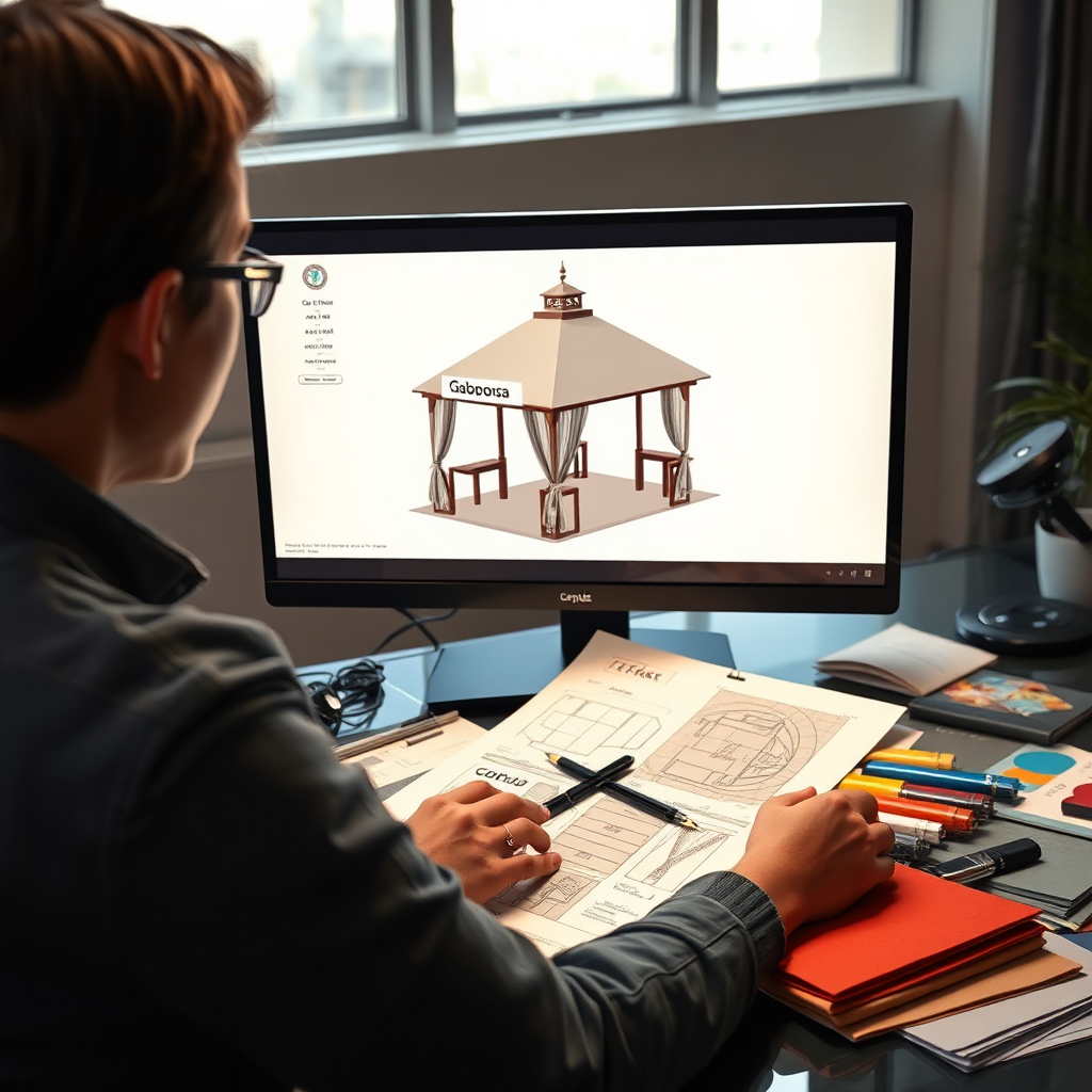 Create a stylized image of a designer working on a digital rendering of a branded gazebo. The designer is focused on the screen, which displays a detailed 3D model of the gazebo with various branding elements. Surrounding the designer are sketches, color swatches, and sample fabrics. The lighting is soft and professional. The overall style should be modern and creative, conveying a sense of design expertise.