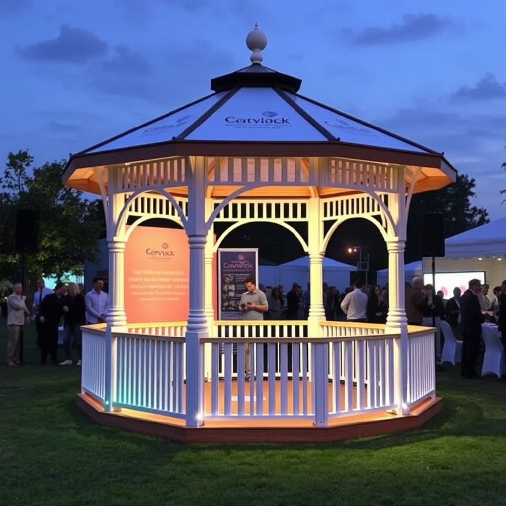 Create an image showing a branded gazebo at a high-profile event, such as a conference or product launch. The gazebo is strategically positioned to attract attention and create a positive brand impression. The lighting should be professional and inviting.