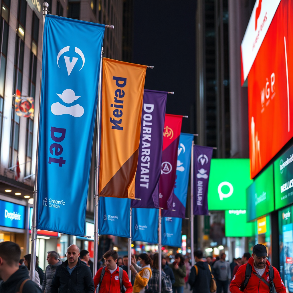 Create an image showing a series of branded flags and banners displayed in a busy urban environment. The flags and banners are designed to catch the eye and increase brand awareness. The lighting should be bright and vibrant.