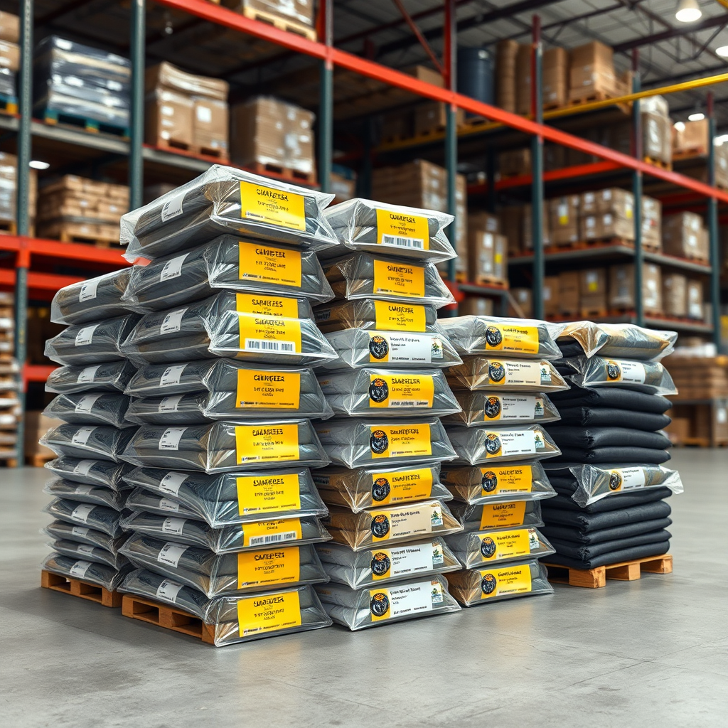 Stacks of neatly packaged sublimated sports apparel, ready for shipment. The packages are labeled with team logos and sizes. The background is a well-organized warehouse with shelves full of inventory. Bright, warehouse lighting. 4K resolution, photorealistic.