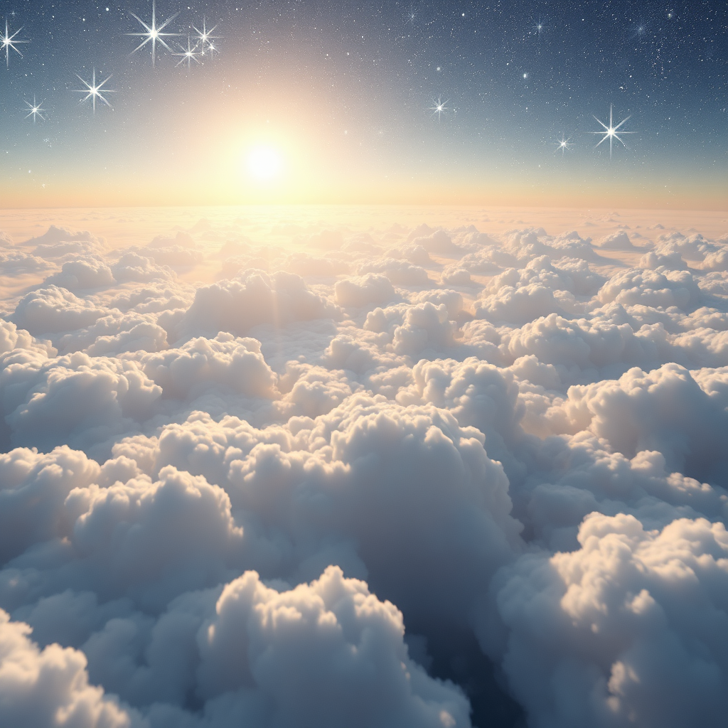 A celestial landscape with shimmering stars and ethereal clouds, representing the uplifting melodies of Trance. The colors should be light and airy, with a focus on whites and silvers. The overall style is dreamy and transcendent. 4K resolution.