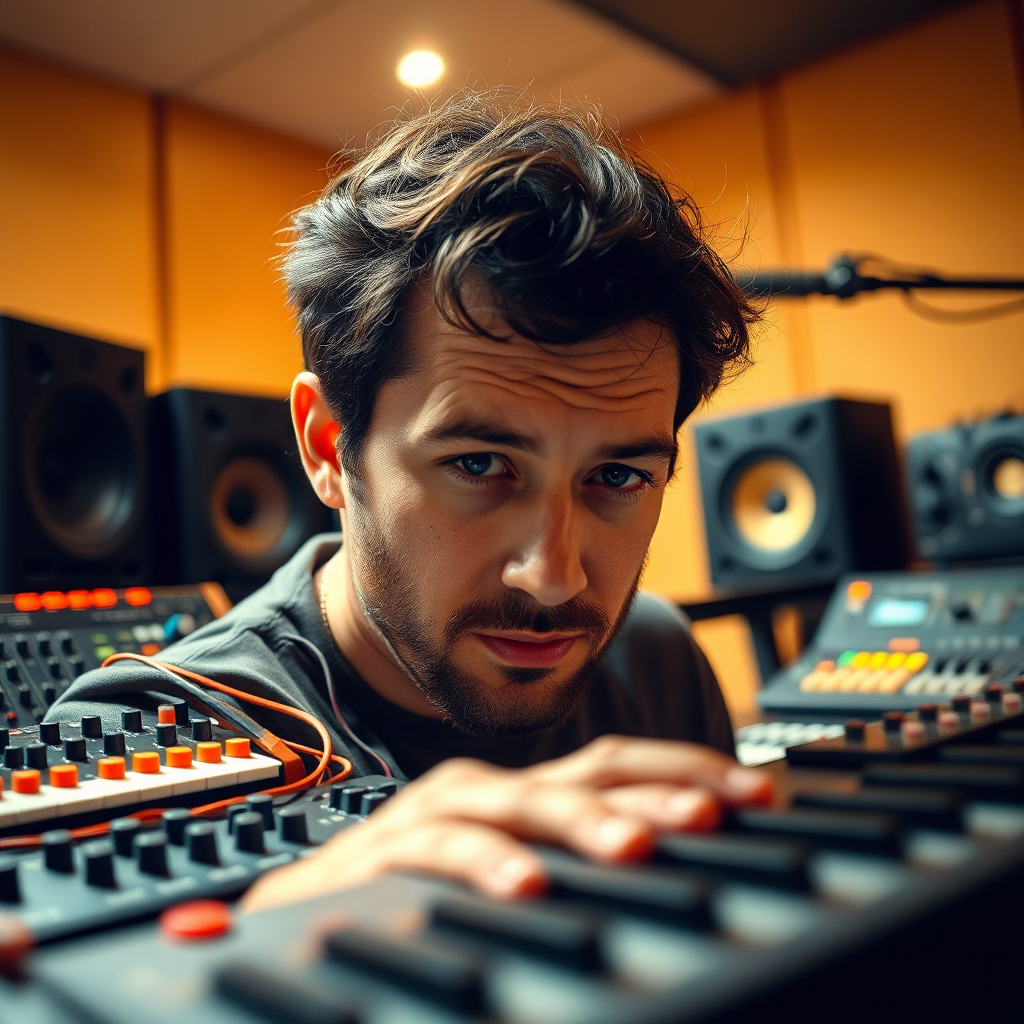A close-up, dynamic shot of Number Six in the studio, surrounded by synthesizers and audio equipment. Soft, diffused lighting highlights the focused expression on his face. Focus on the intricate details of the gear and the tactile interaction. The color palette is warm and inviting, with accents of orange and yellow. The overall style is modern and professional, conveying dedication and expertise. 4K resolution.