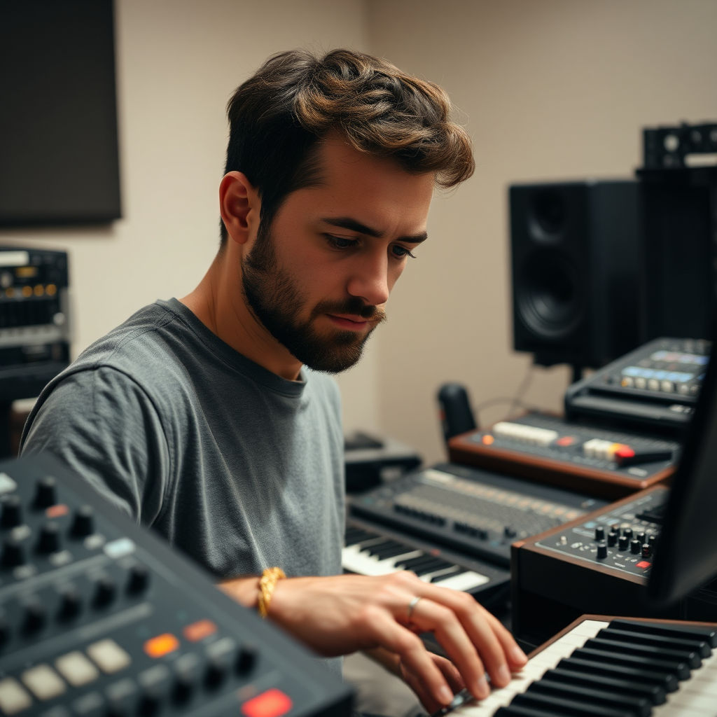 A close-up of Number Six working in the studio, surrounded by synthesizers and audio equipment. The lighting is soft and diffused, highlighting the focused expression on his face. Capture the intricate details of the gear and the creative process. 4K resolution.