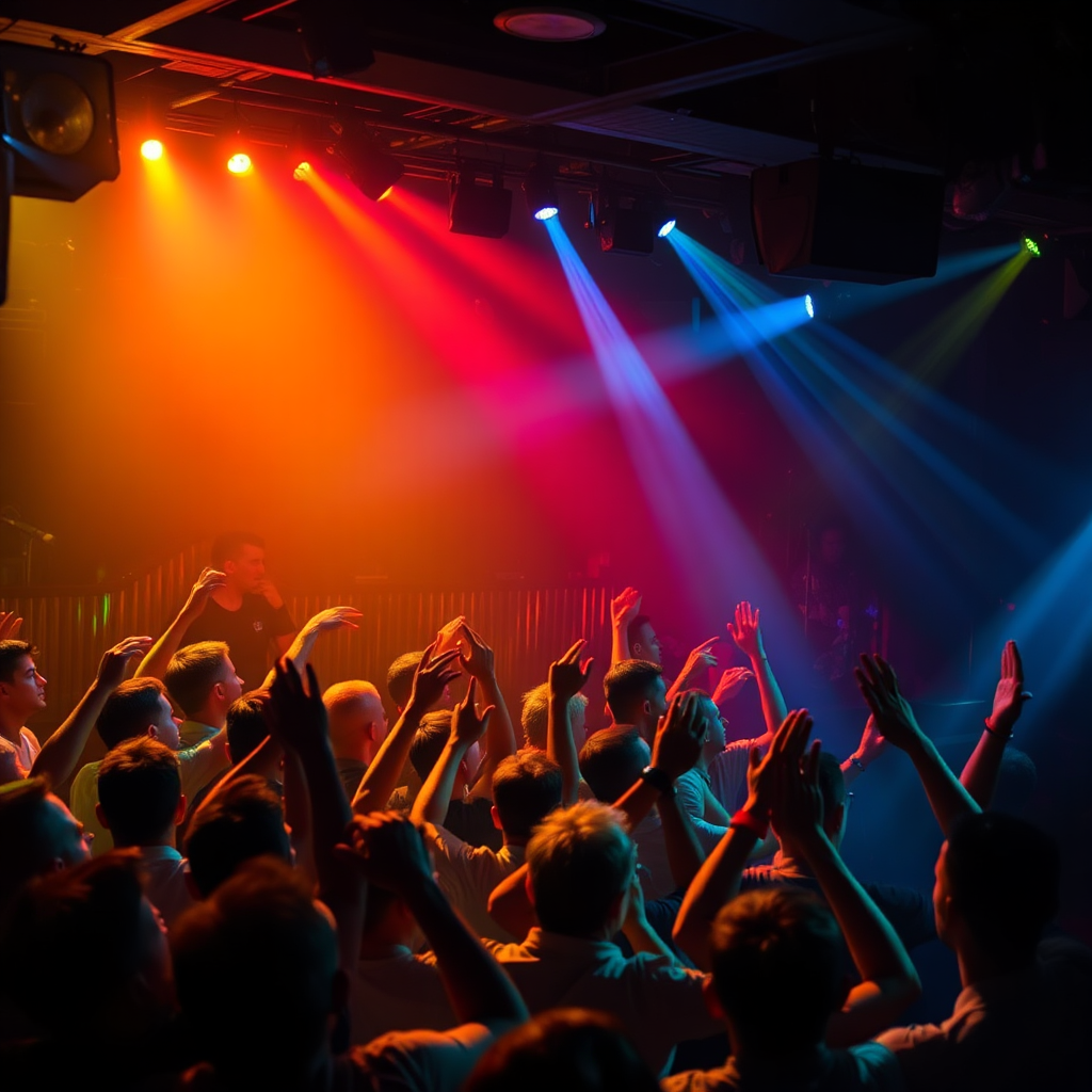 A dynamic shot of Number Six performing at a packed club, surrounded by enthusiastic fans. The lighting is vibrant and energetic, creating a visually stunning spectacle. Capture the energy and excitement of the crowd, their faces lit up by the music. 4K resolution.