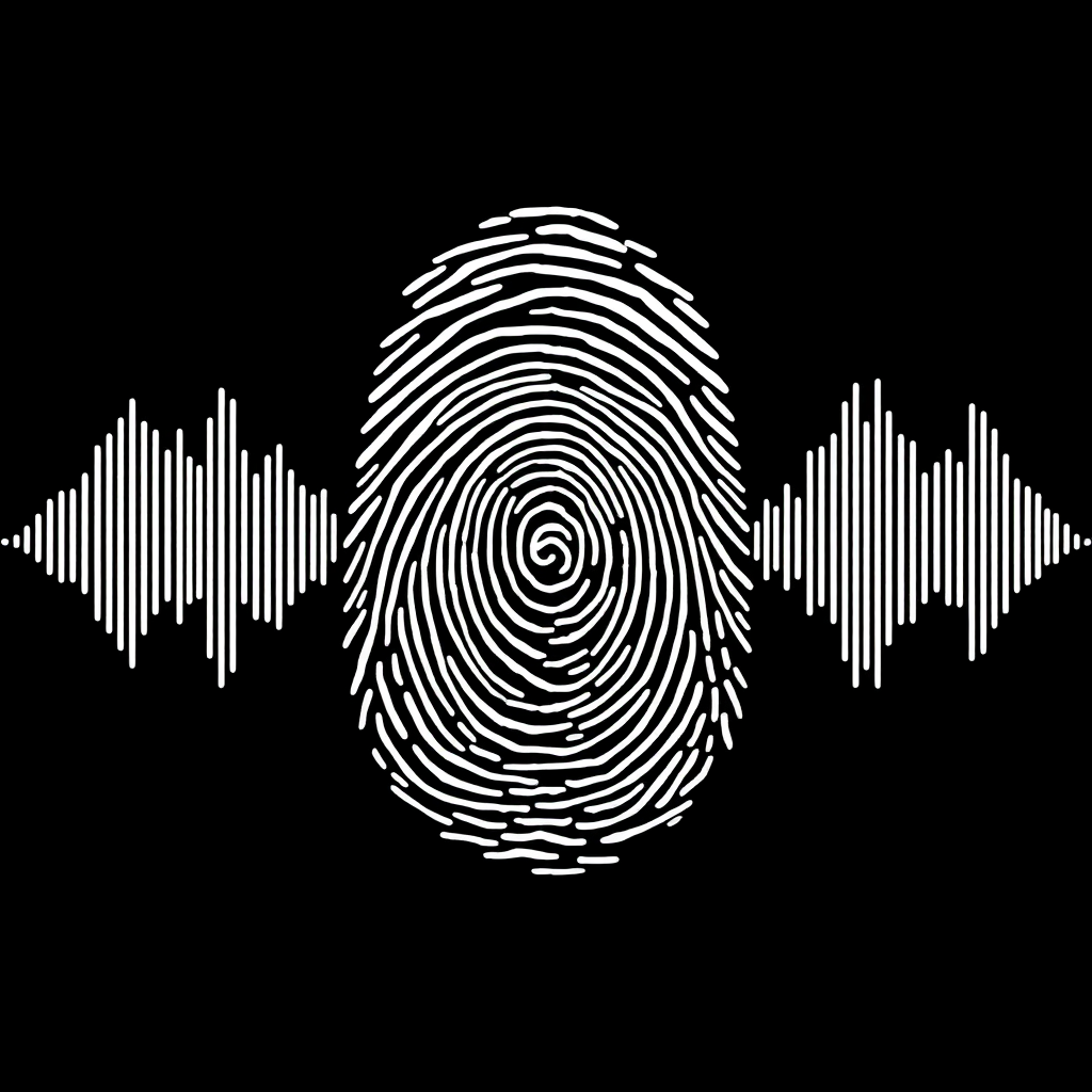 A fingerprint made of soundwaves, representing the unique sonic signature of Number Six. The colors should be contrasting and dynamic, with a focus on blacks and whites. The overall style is modern and distinctive. 4K resolution.