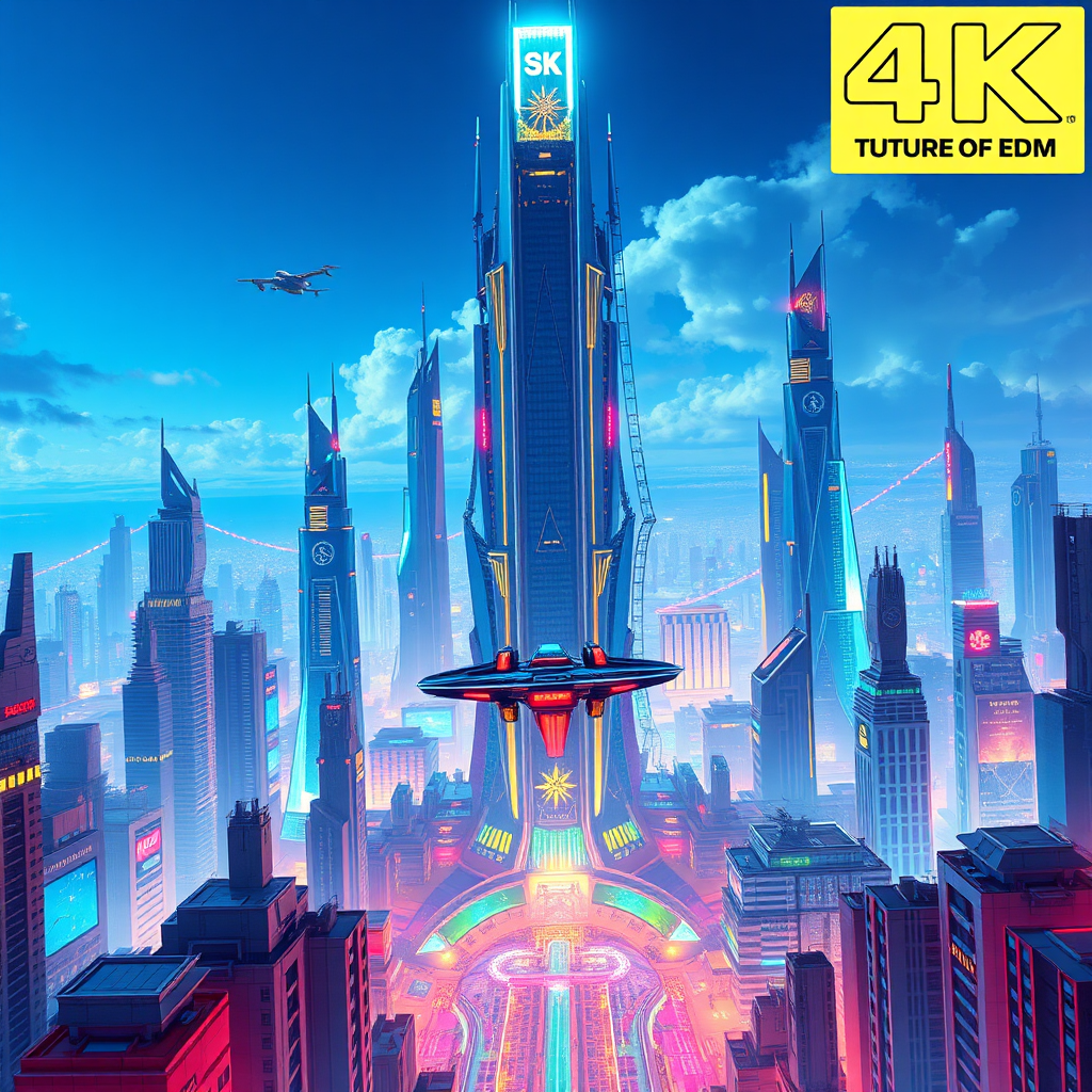 A futuristic cityscape with towering skyscrapers and flying vehicles, representing the future of EDM. The colors should be bright and vibrant, with a focus on blues and greens. The overall style is futuristic and optimistic. 4K resolution.