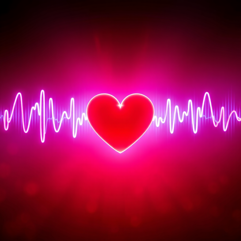 A heart-shaped soundwave pulsating with light, representing the emotional core of EDM. The colors should be warm and inviting, with a focus on reds and oranges. The overall style is heartfelt and expressive. 4K resolution.