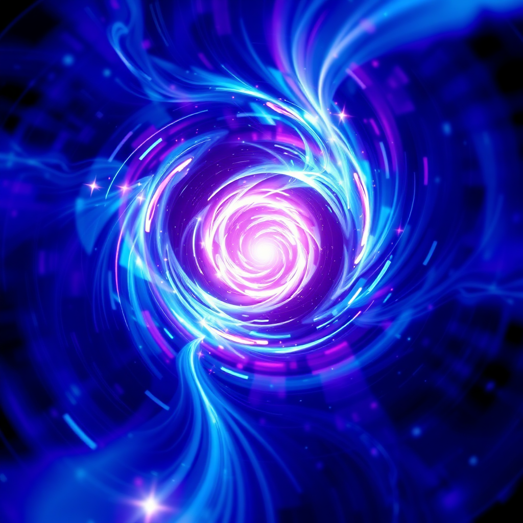 A swirling vortex of light and sound, representing the hypnotic rhythms of Progressive House. The colors should be deep and saturated, with a focus on blues and purples. The overall style is abstract and mesmerizing. 4K resolution.
