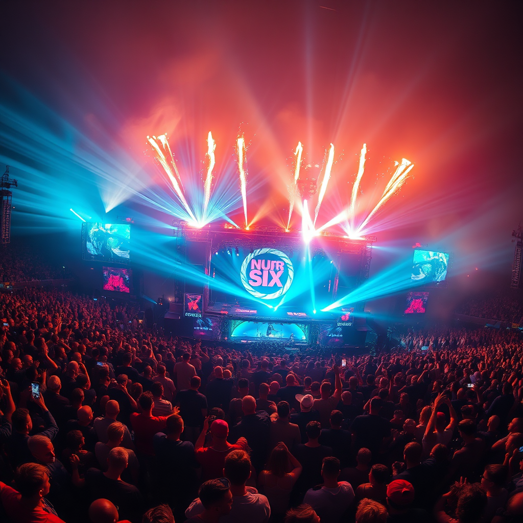 A wide shot of a massive crowd at a music festival, with Number Six performing on a central stage. The stage is lit with dazzling lasers and pyrotechnics, creating a visually stunning spectacle. Capture the energy and excitement of the crowd, their faces lit up by the music. The color palette is vibrant and energetic, with a mix of warm and cool tones. The overall style is high-energy and immersive. 4K resolution.