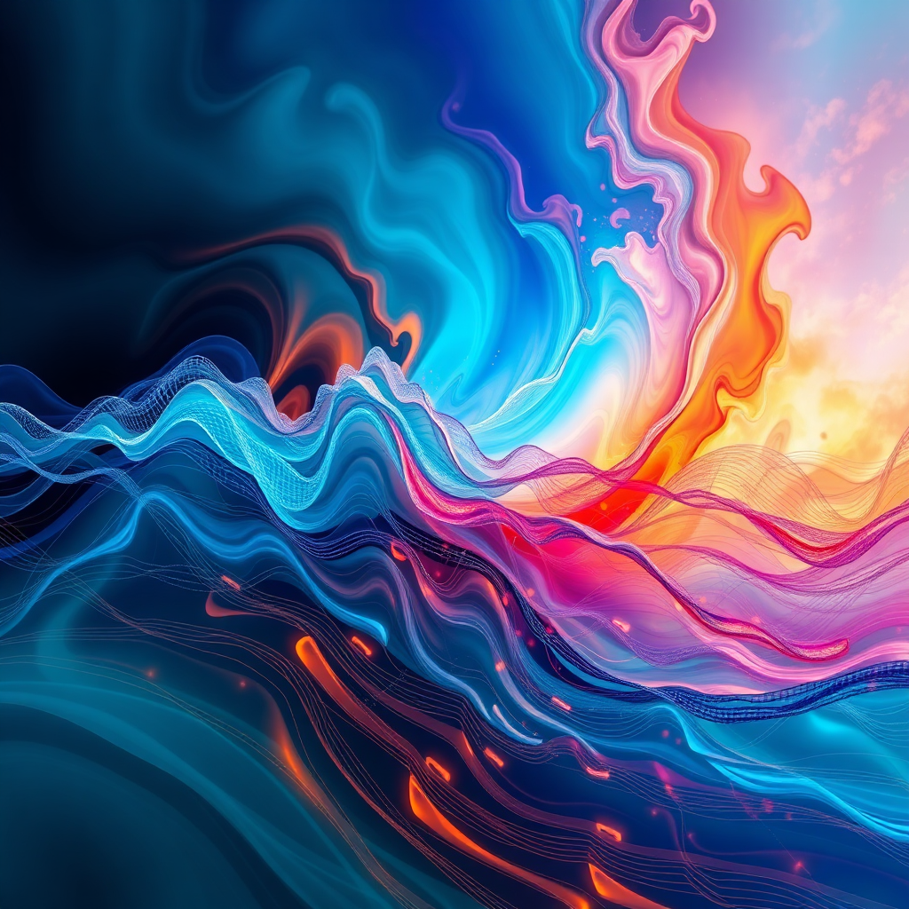An abstract visualization of sound waves forming a complex and intricate pattern. The colors should be vibrant and dynamic, representing the different layers of the music. Incorporate elements of nature, such as flowing water or swirling clouds, to symbolize the organic nature of sound. The style should be artistic and expressive, conveying the emotional depth of the music. 4K resolution.