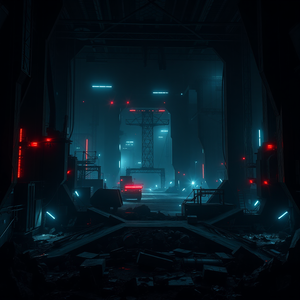 An industrial landscape with dark, angular shapes and pulsating lights, representing the raw energy of Techno. The colors should be dark and gritty, with a focus on blacks and greys. The overall style is stark and intense. 4K resolution.