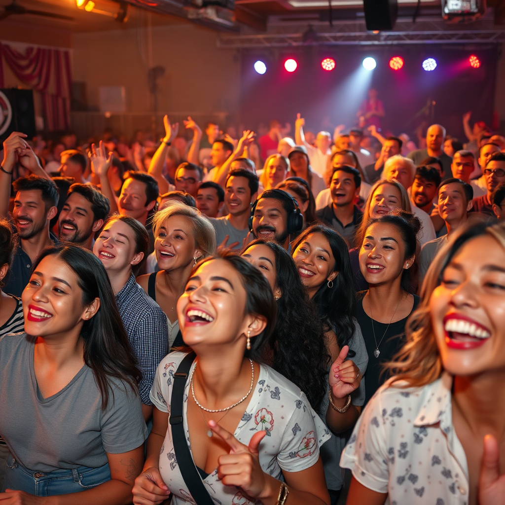 Create a photorealistic image of a diverse crowd enjoying a music event. The crowd is made up of people of different ages, ethnicities, and backgrounds. They are all smiling and dancing, and the atmosphere is one of excitement and joy. The lighting is warm and inviting, and the camera angle is slightly elevated, providing a wide view of the scene. Pay attention to the details of the crowd's clothing and expressions. Include elements that suggest different musical genres, such as a rock band on stage in the background or a DJ playing electronic music.