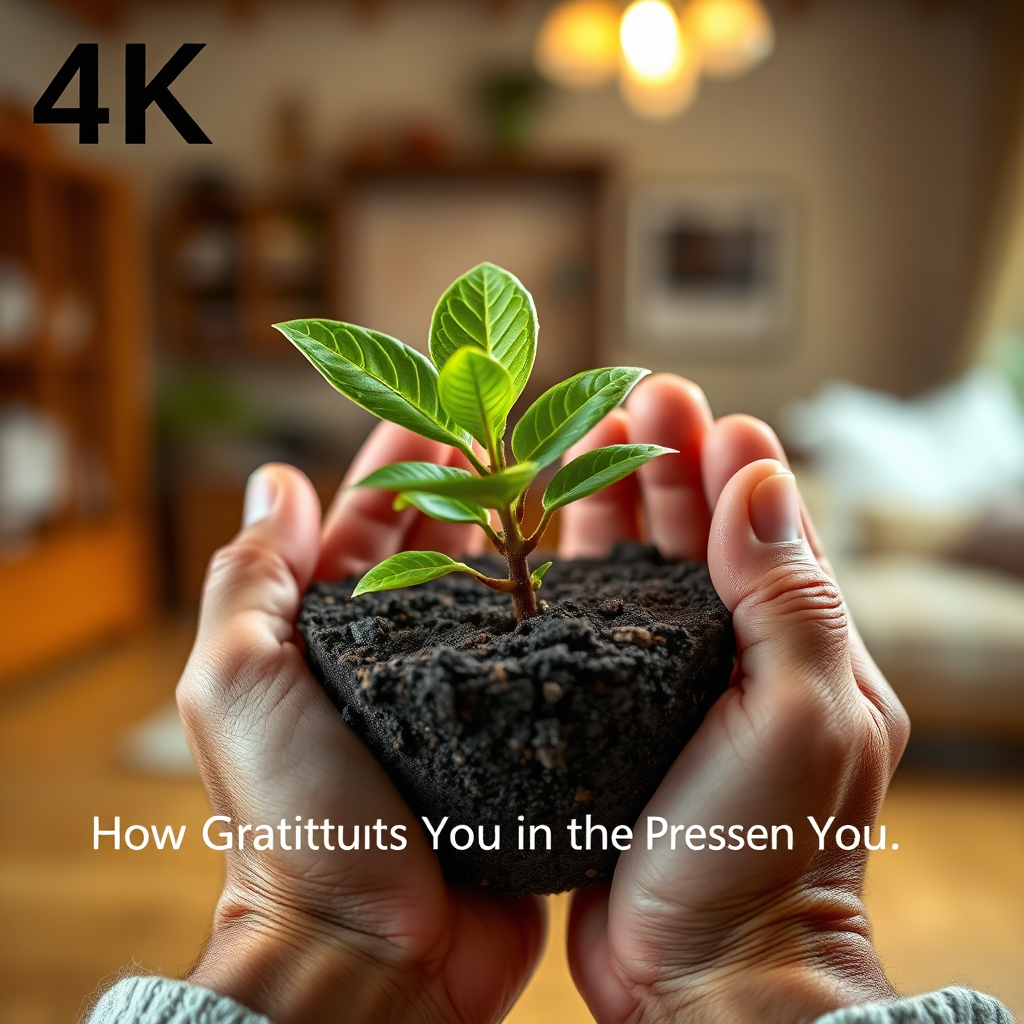A 4K image, depicting hands gently holding a small potted plant with vibrant green leaves. The background is blurred, showcasing a warm, inviting home interior with soft lighting. The hands are slightly aged, suggesting wisdom and experience. The focus is on the texture of the soil, the delicate veins of the leaves, and the gentle touch of the hands. The color palette is warm and earthy, with greens, browns, and soft yellows. Style: A blend of photorealism and soft focus, creating a feeling of warmth and connection. The image should symbolize growth, nurturing, and the beauty of simple things, representing 'How Gratitude Grounds You in the Present Moment'.
