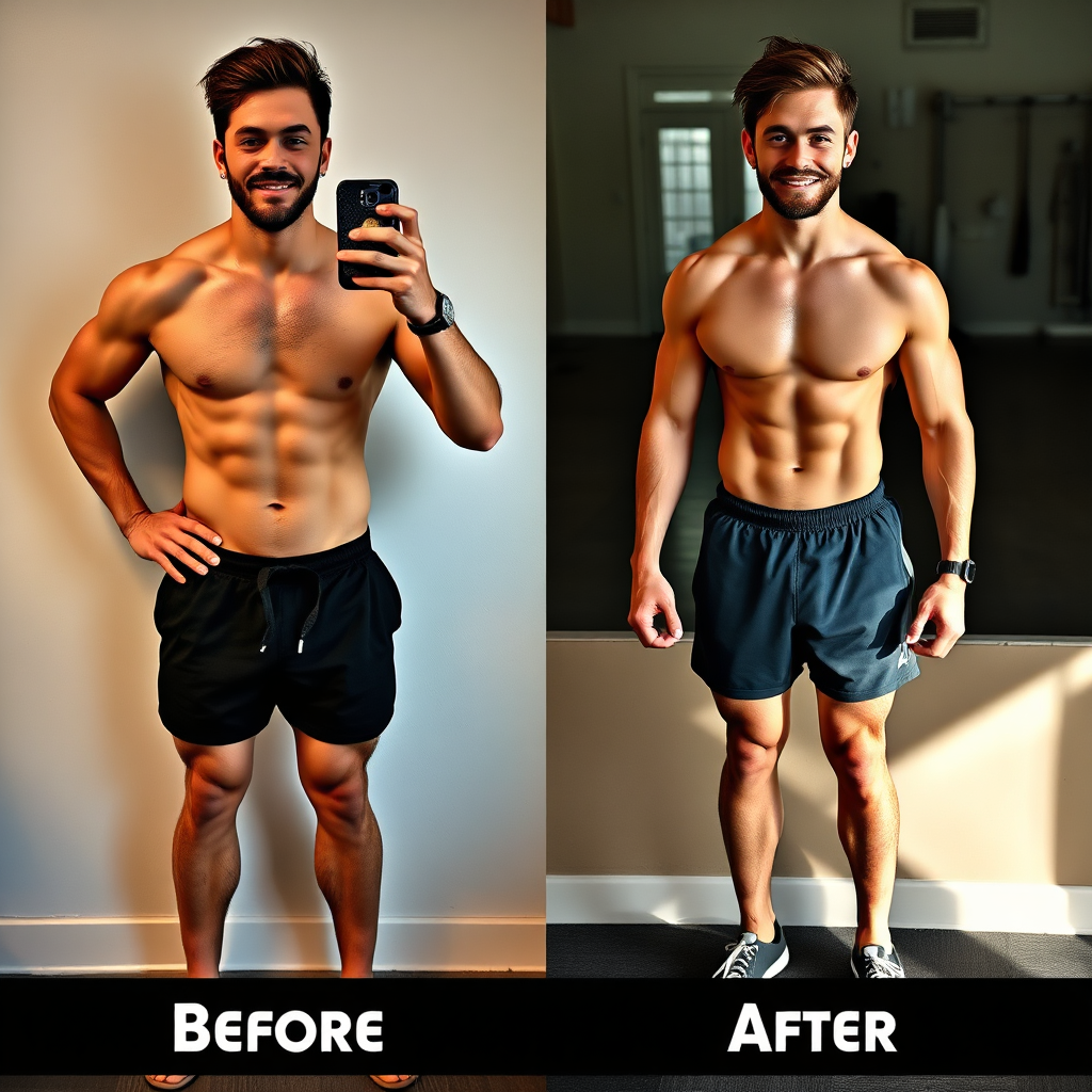 A before-and-after image showcasing a person's physical transformation through fitness. Focus on the positive changes in physique and overall well-being. Warm, motivational lighting. 4K resolution.