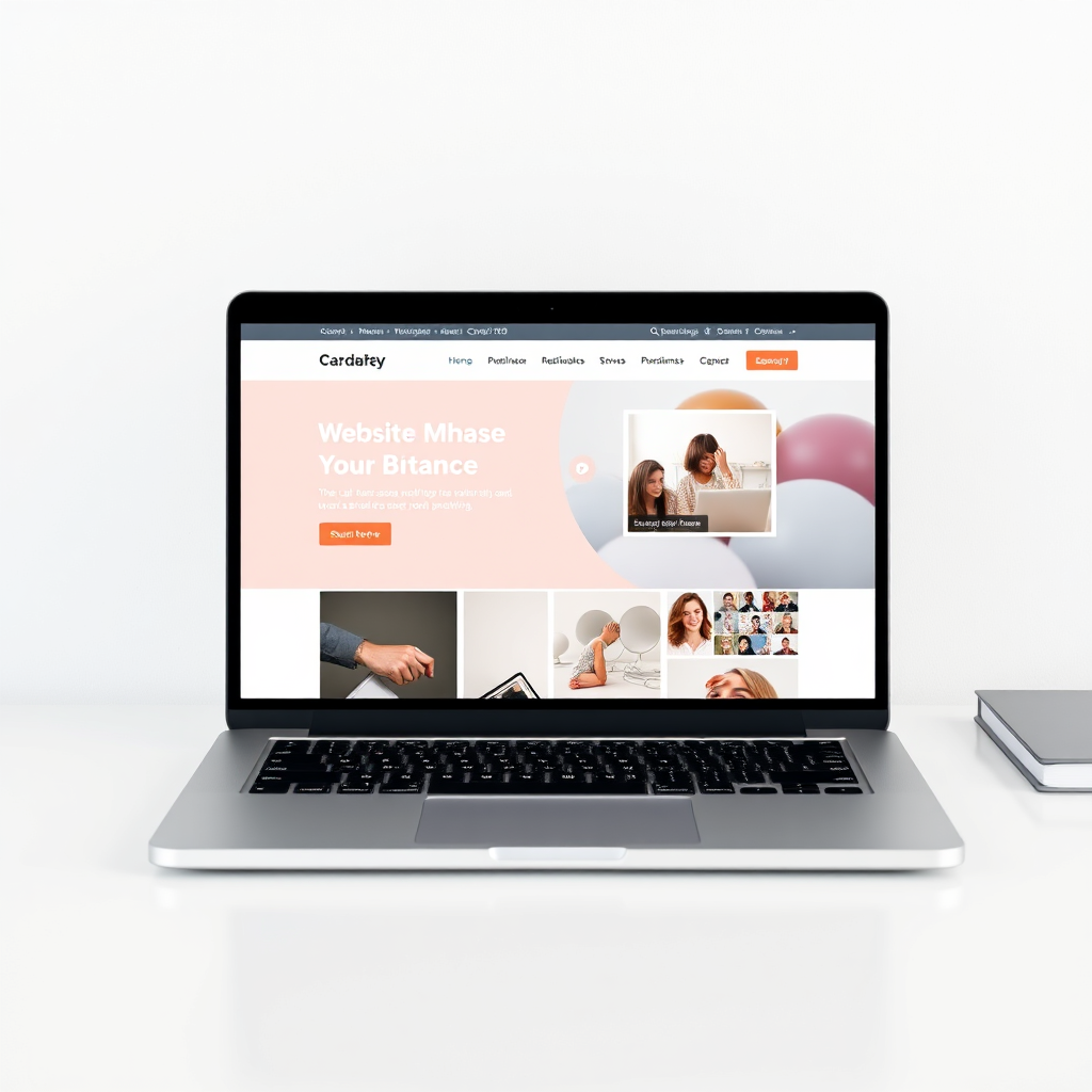 A clean, modern website design mockup displayed on a laptop screen. The design incorporates elements of your brand's colors and fonts. User interface focuses on ease of navigation and responsiveness. Show the mockup on a clean, minimalist desktop setting.