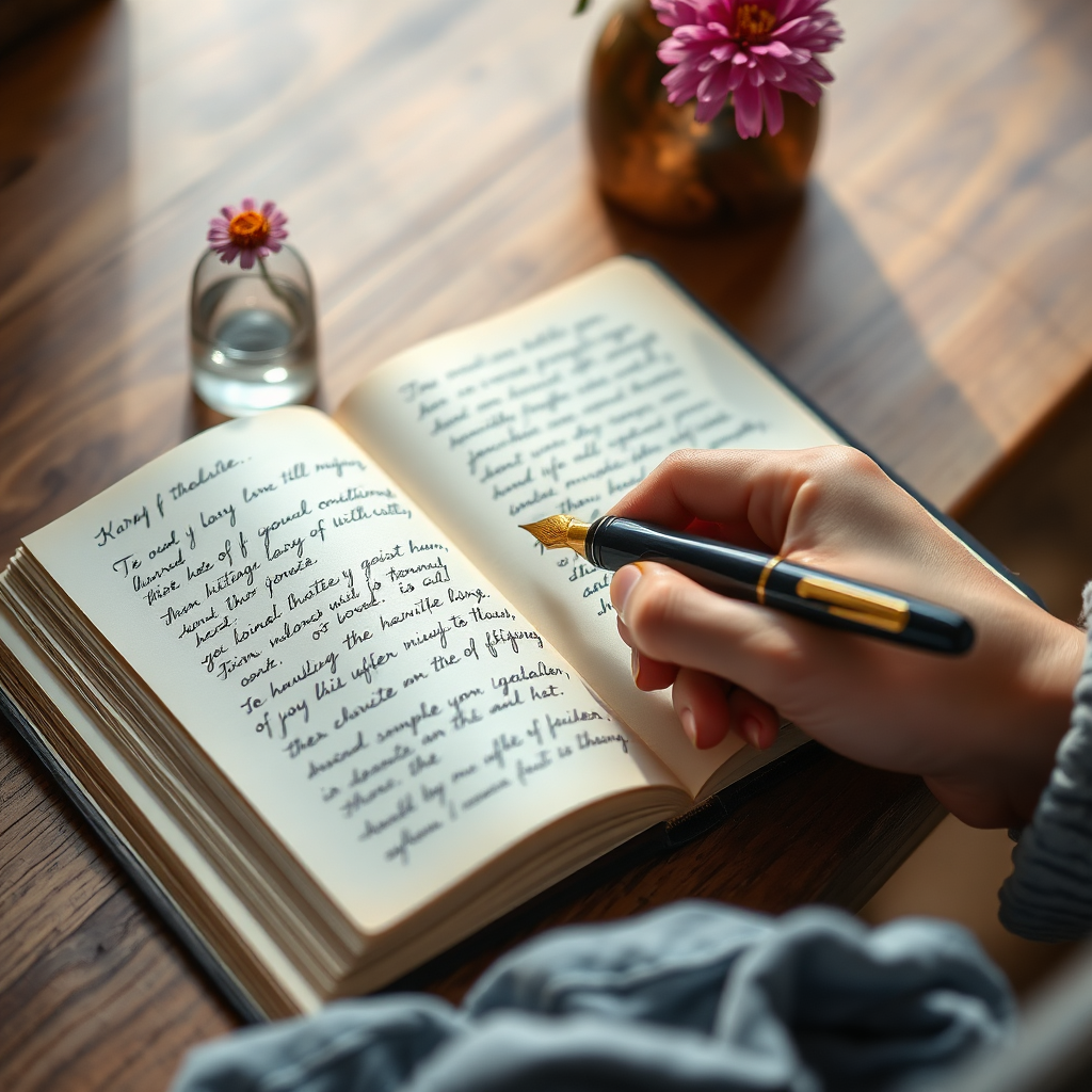 A close-up image of a hand writing in a journal with a fountain pen. The journal is open to a page filled with handwritten notes. A small vase with a single flower sits next to the journal. The light is soft and inviting, highlighting the textures of the paper and the pen. The image should convey a sense of reflection and gratitude. Style: Photorealistic, warm tones, shallow depth of field.