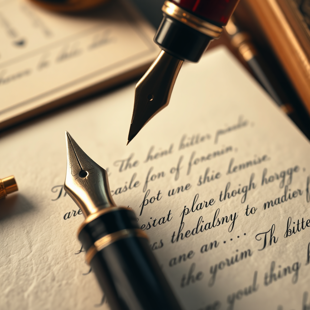 A close-up, photorealistic image of a vintage fountain pen poised above an elegantly textured piece of paper. The paper is partially filled with handwritten calligraphy in a classic font. The lighting is soft and warm, highlighting the details of the pen nib and the texture of the paper. The background is blurred, with subtle hints of a classic writing desk and antique books. The overall mood is refined and timeless, evoking a sense of tradition and craftsmanship. 4K resolution, high quality.
