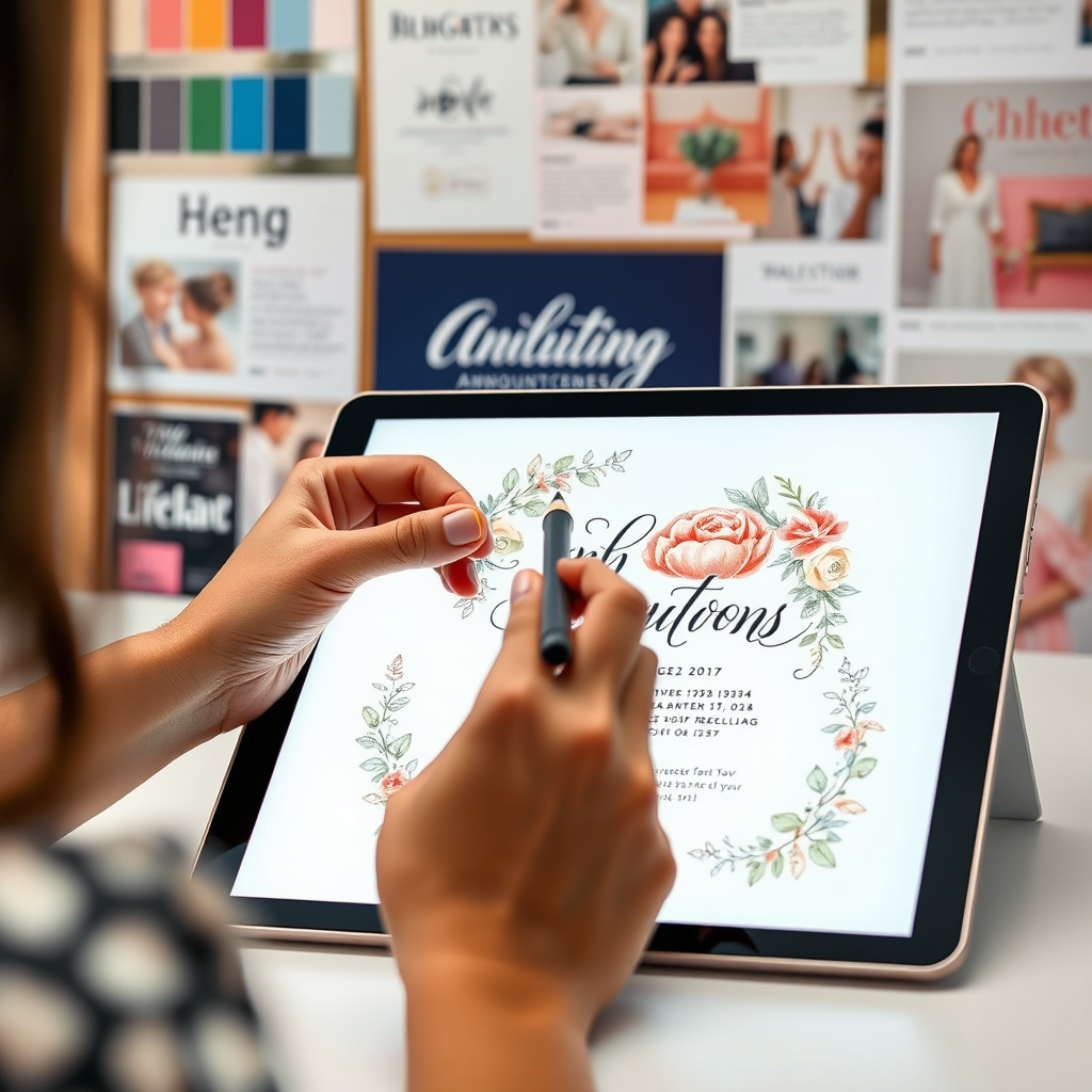 A close-up shot of a designer's hands sketching a wedding announcement design on a drawing tablet. The design incorporates floral elements and elegant typography. The background shows a mood board with various color swatches, font samples, and inspiring images. The lighting is bright and focused, highlighting the creative process. 4K resolution, high quality.