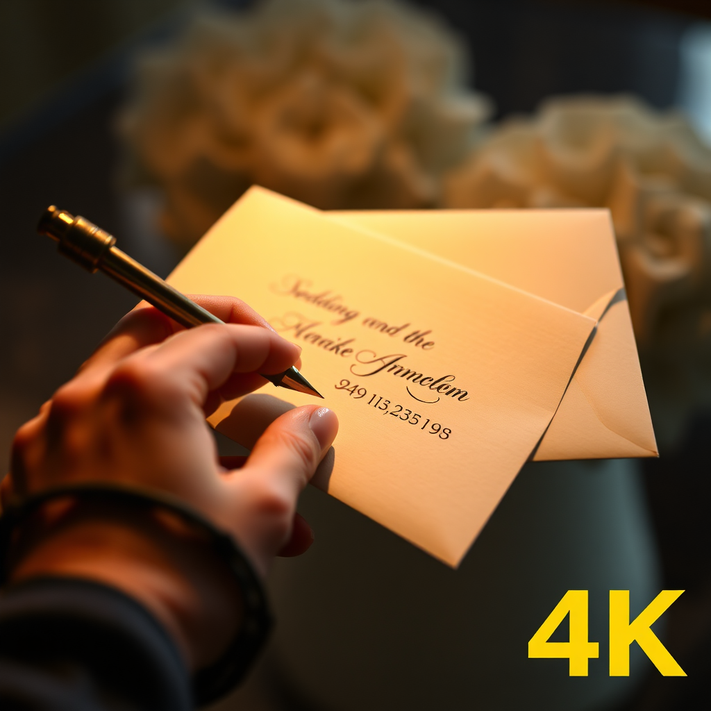A close-up shot of hands carefully addressing a wedding announcement envelope with elegant calligraphy. The lighting is focused on the envelope and the hands, highlighting the precision and attention to detail. The background is blurred, suggesting a refined and personal touch. The overall style is classic and sophisticated. 4K resolution, high quality.