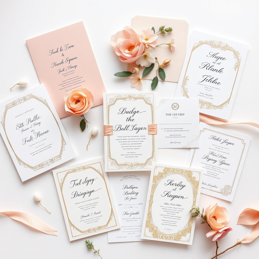A flat lay image showcasing a variety of wedding invitation samples arranged in a visually appealing composition. The samples feature different design styles, from classic and elegant to modern and minimalist. The color palette is soft and romantic, with hues of blush, ivory, and gold. The background is a clean, white surface, allowing the invitation samples to stand out. The lighting is bright and even, highlighting the details of each design. 4K resolution, high quality.