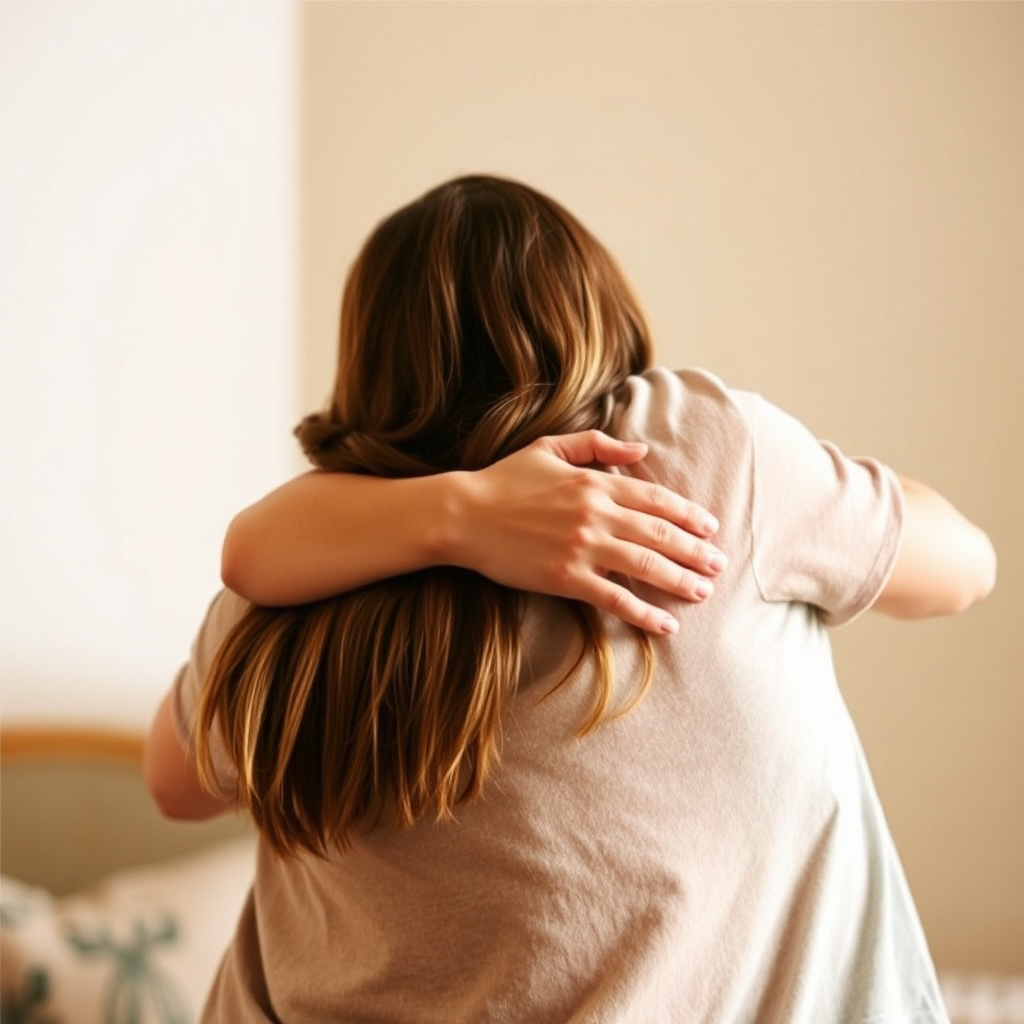 A heartwarming image of two people hugging, symbolizing connection and appreciation. The background is blurred to keep the focus on their embrace. Use soft, warm lighting to create a feeling of comfort and intimacy. The image should convey the power of human connection and the joy of expressing gratitude. Style: Natural, authentic, warm tones.