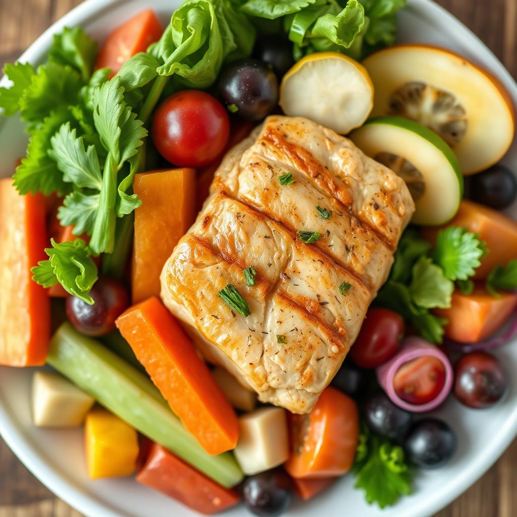 A photorealistic close-up image of a vibrant, healthy meal composed of colorful fruits, vegetables, and lean protein. Focus on the freshness and nutritional value of the ingredients. Soft, inviting lighting. 4K resolution.