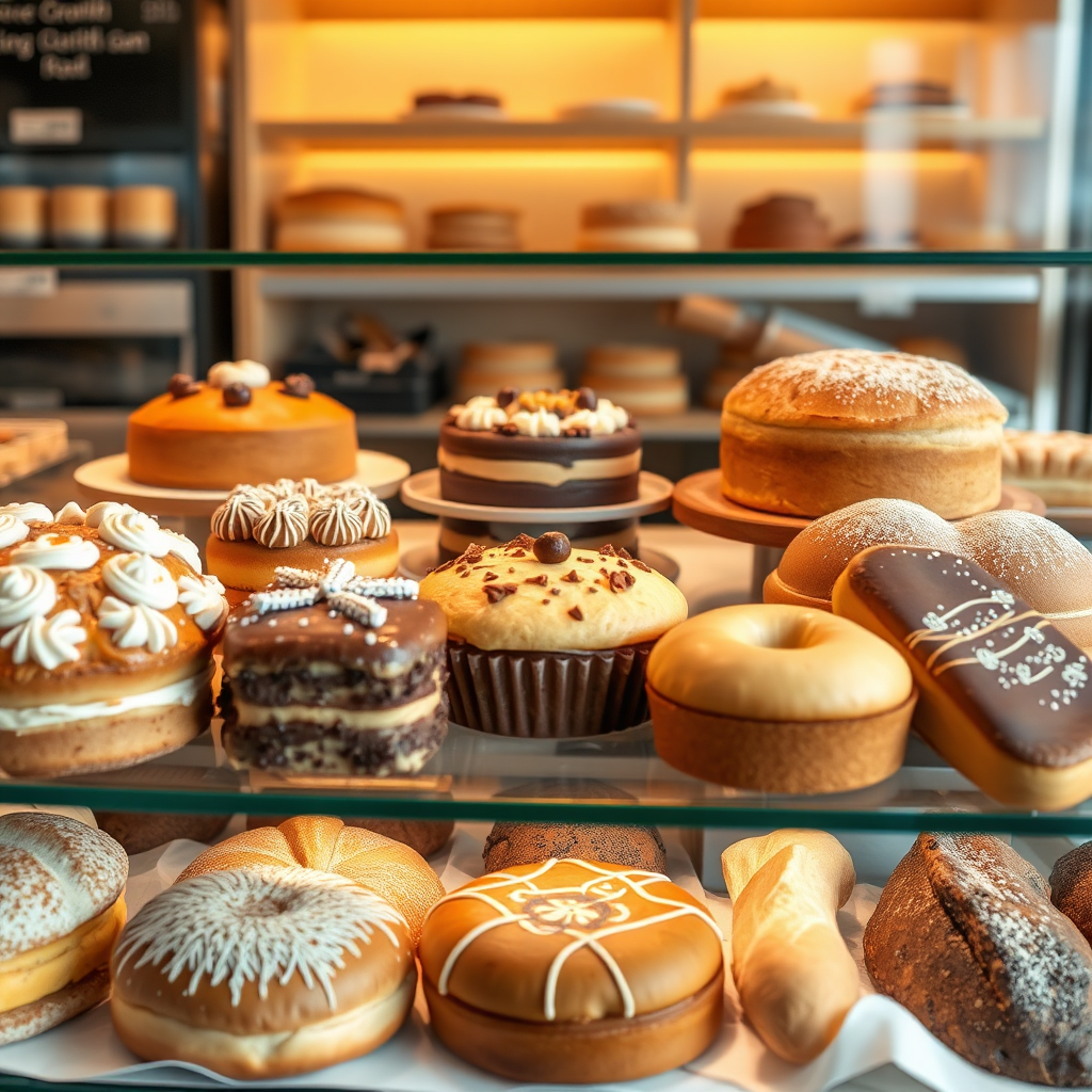 A photorealistic image displaying an assortment of freshly baked pastries, cakes, and breads arranged on a bakery display case. Use warm and inviting lighting to highlight the textures and colors of the baked goods. Technical specs: 4K resolution, food photography style.