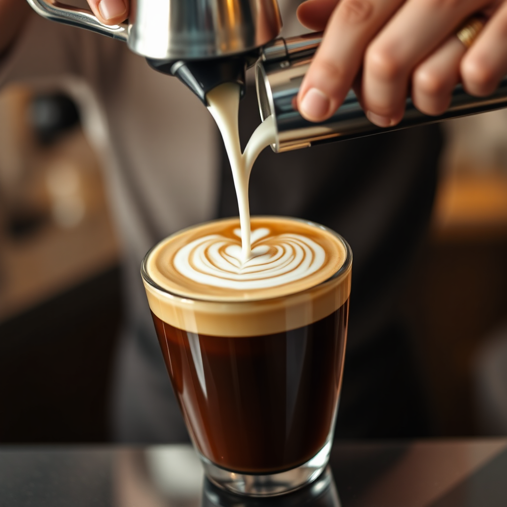 A photorealistic image of a barista pouring latte art into a cappuccino. The art is a delicate rosetta, perfectly formed. Focus on the creamy texture of the milk and the rich, dark color of the espresso. The background is blurred to emphasize the latte art. Use warm, inviting lighting to create a cozy atmosphere. Technical specs: 4K resolution, close-up shot.