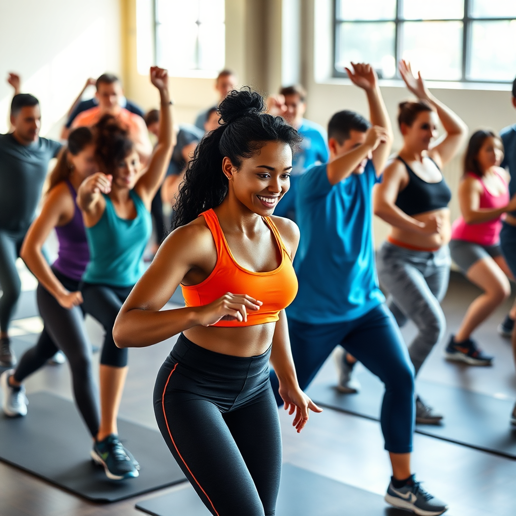 A photorealistic image of a diverse group of people participating in a dynamic group fitness class. Focus on proper form, encouraging atmosphere, and varied exercises. Bright, natural lighting. 4K resolution.