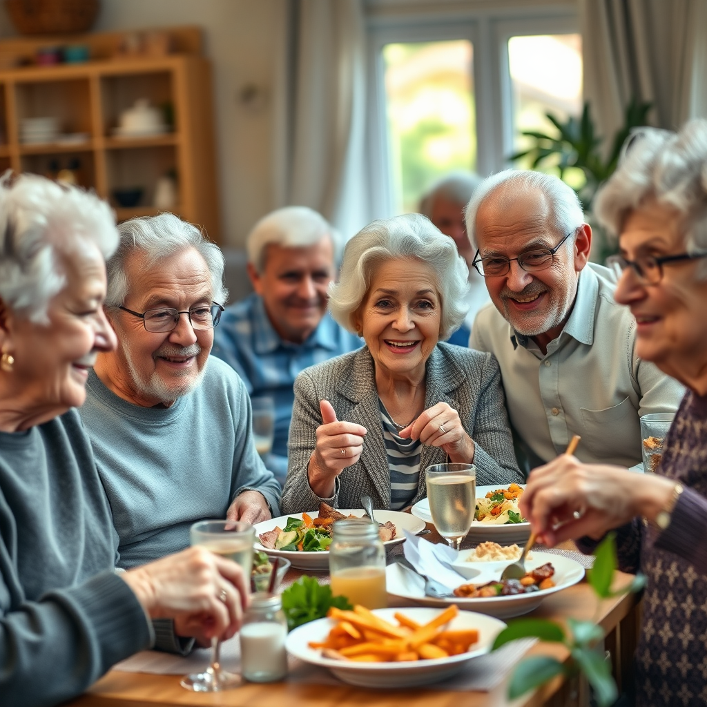 A photorealistic image of a diverse group of elderly people enjoying healthy activities and meals. Focus on the vitality and well-being of aging individuals. Warm, natural lighting. 4K resolution.