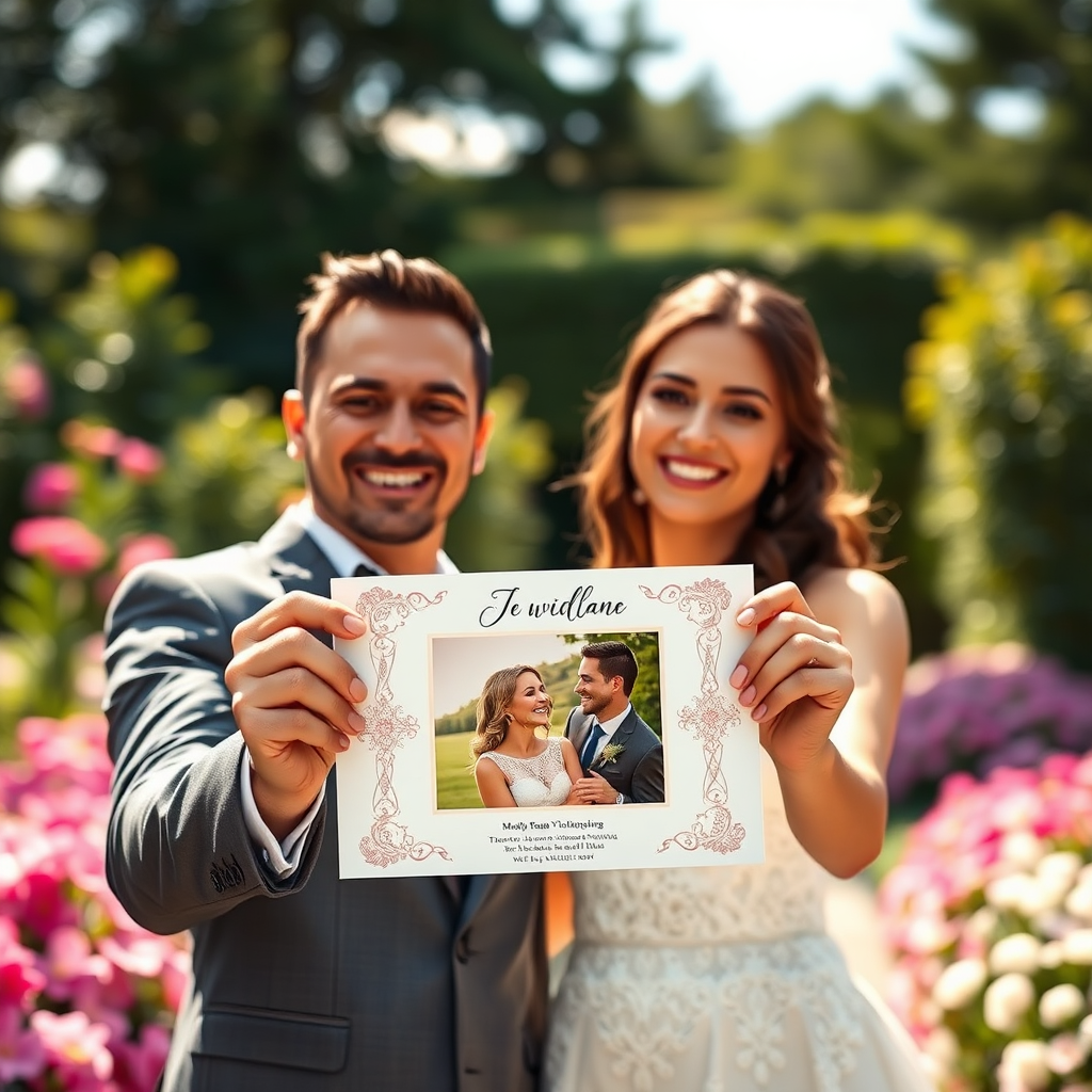 A photorealistic image of a newlywed couple holding up a beautifully designed wedding announcement card featuring a candid photo of themselves laughing. They are standing in a sun-drenched garden, surrounded by blooming flowers. The lighting is natural and warm, highlighting their smiles and the details of the announcement card. The background is blurred, creating a soft and romantic atmosphere. 4K resolution, high quality.