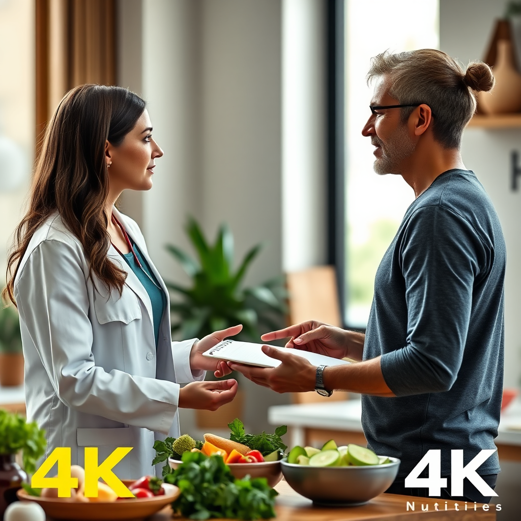 A photorealistic image of a nutritionist consulting with a client, discussing a personalized meal plan. Focus on trust, expertise, and a supportive atmosphere. 4K resolution.