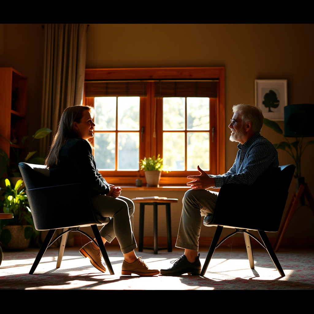 A photorealistic image of a one-on-one coaching session in a sunlit room, client and coach engaged in conversation, expressing positive energy and reflection.