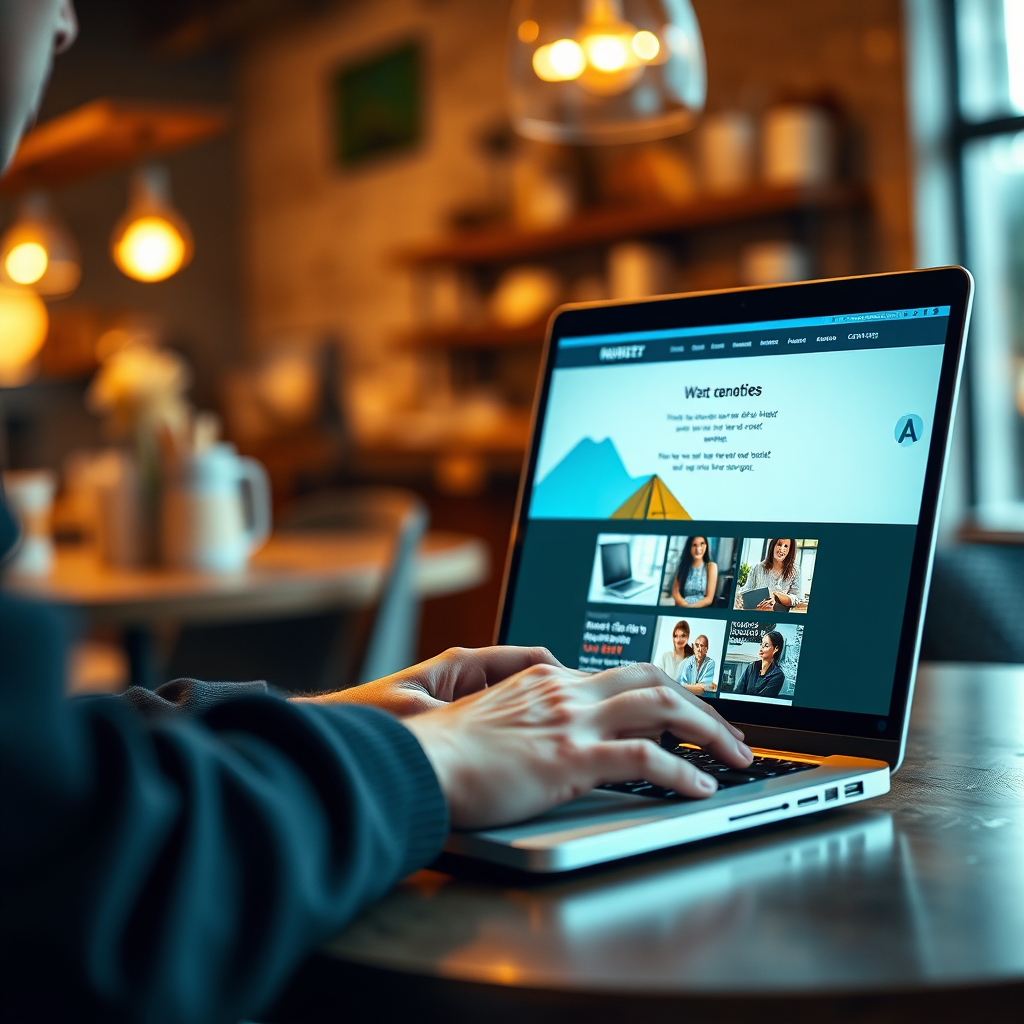  A photorealistic image of a person interacting with a beautifully designed website on a laptop. The website showcases vibrant imagery and clear, concise text. The person's face is illuminated by the screen, showing a look of engagement and satisfaction. The background is a blurred coffee shop, suggesting a relaxed and accessible online experience. The color palette is warm and inviting, with soft lighting to create a comfortable atmosphere. The overall style is modern and professional, conveying a sense of trust and reliability.