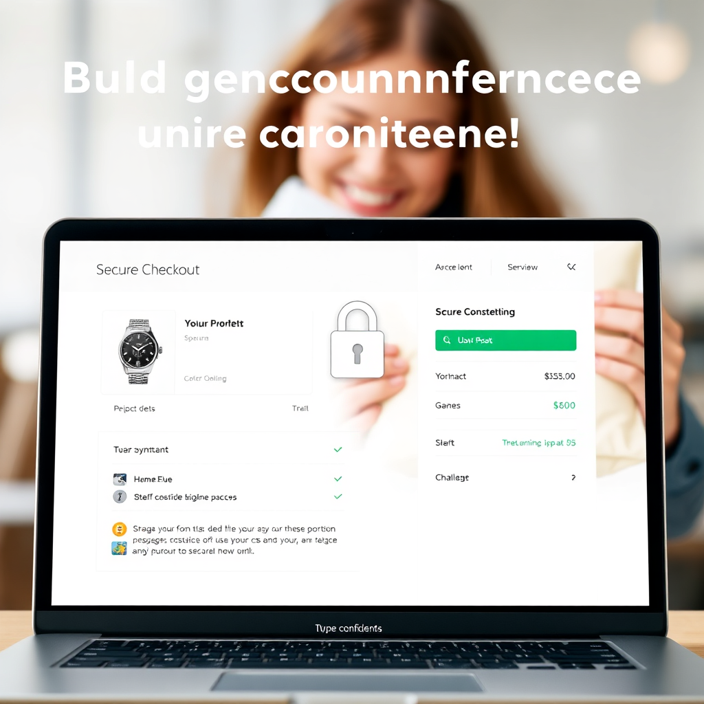 A photorealistic image of a secure online checkout page. The page features clear product details, secure payment options, and a professional design. A padlock icon symbolizes security and trust. The background is a blurred image of a person happily receiving a package, representing customer satisfaction. The color palette is calm and reassuring, with a focus on building confidence in online transactions.