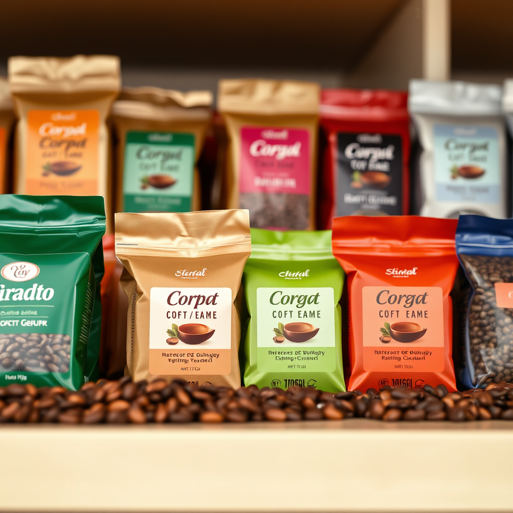 A photorealistic image showcasing a variety of coffee beans in different packaging, neatly arranged on a shelf. Focus on the details of the packaging and the different colors and textures of the beans. The lighting should be soft and diffused. Technical specs: 4K resolution, product photography style.